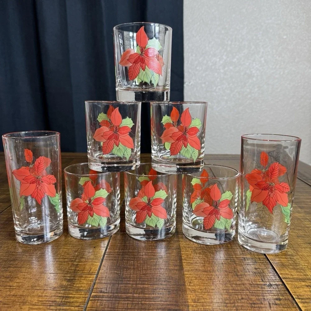 Block‎ Poinsettia Drinking Glasses Holiday Christmas 6-DOF Rocks 2- Highball MCM